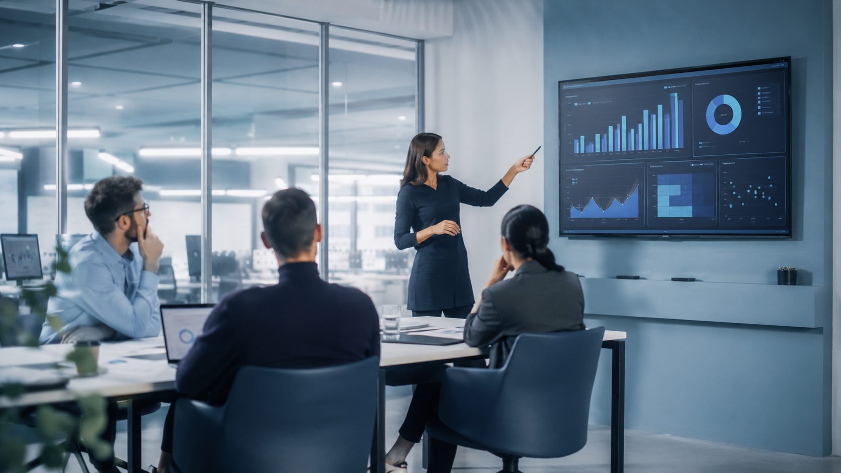 Team reviewing a business intelligence dashboard