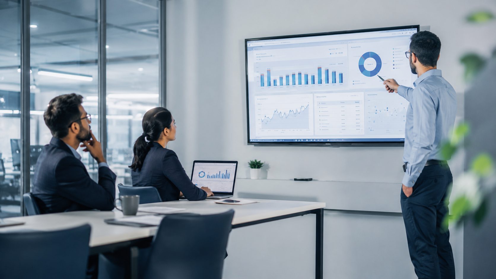 Team discussing insights from a business dashboard
